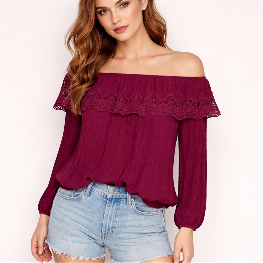 Altar'd State Maroon Rayon‎ Off-Shoulder Crochet Lace Trim Peasant Crop Top (M)